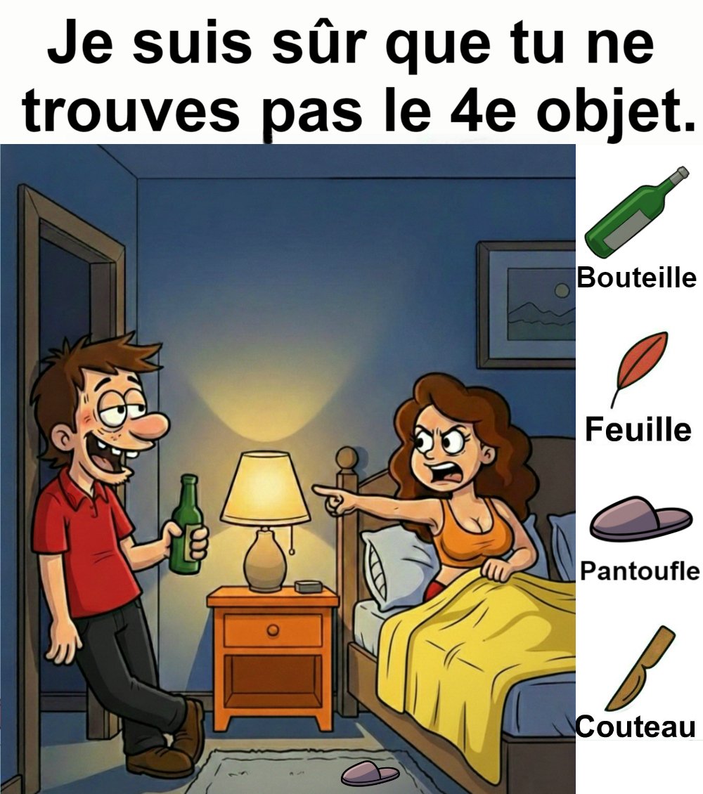 Trouvez bouteille, feuille, pantoufle et couteau.