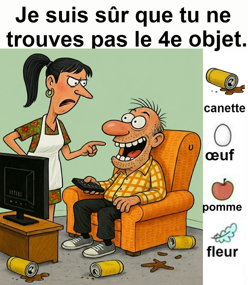 Trouvez la canette, l’œuf, la pomme et le peigne.