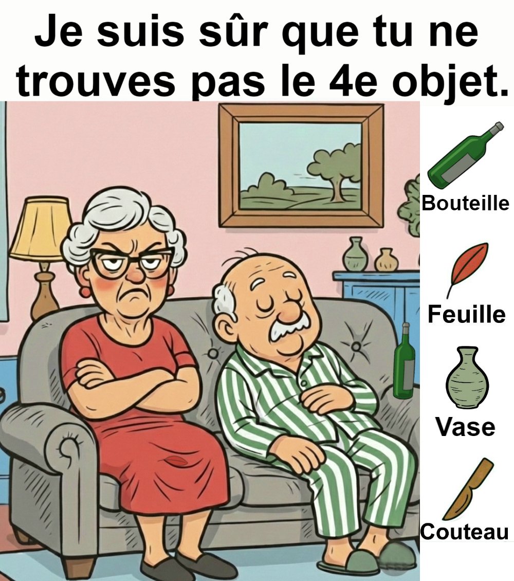 Trouvez bouteille, feuille, vase et couteau.
