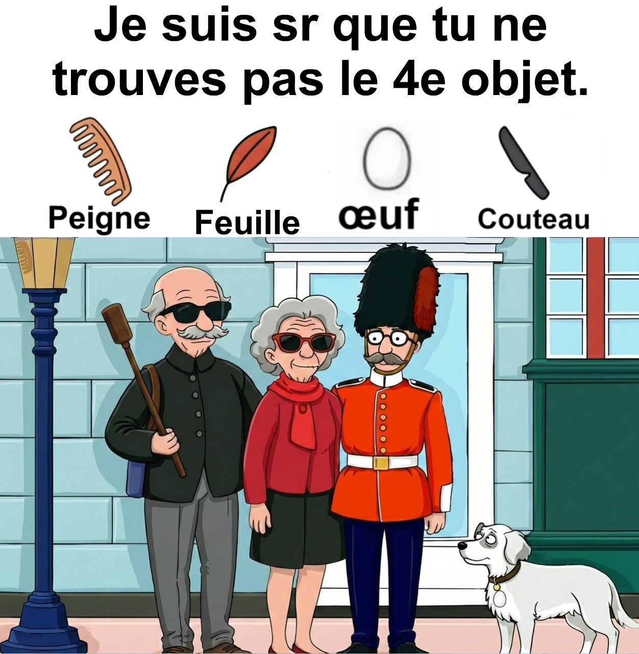 Trouvez peigne, feuille, œuf et couteau.