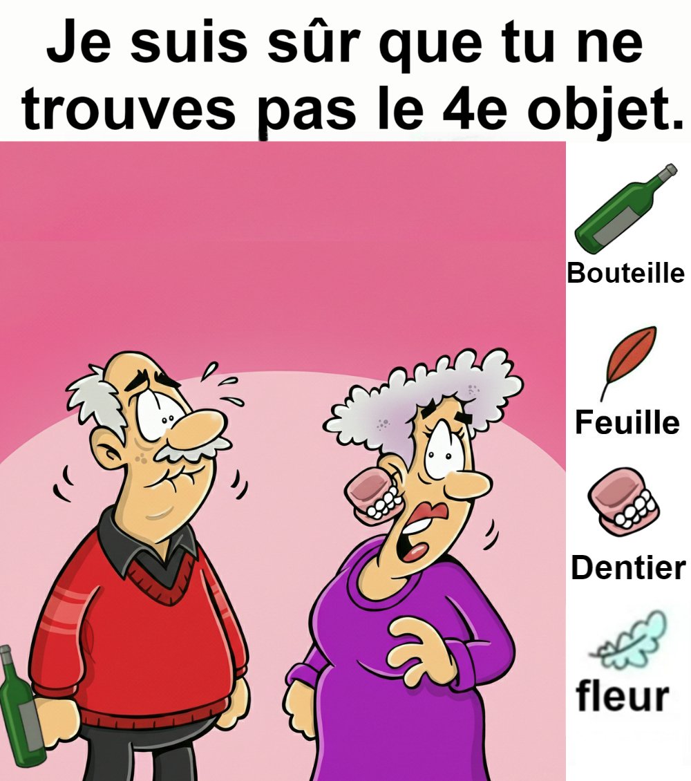 Trouvez bouteille, feuille, dentier et fleur.