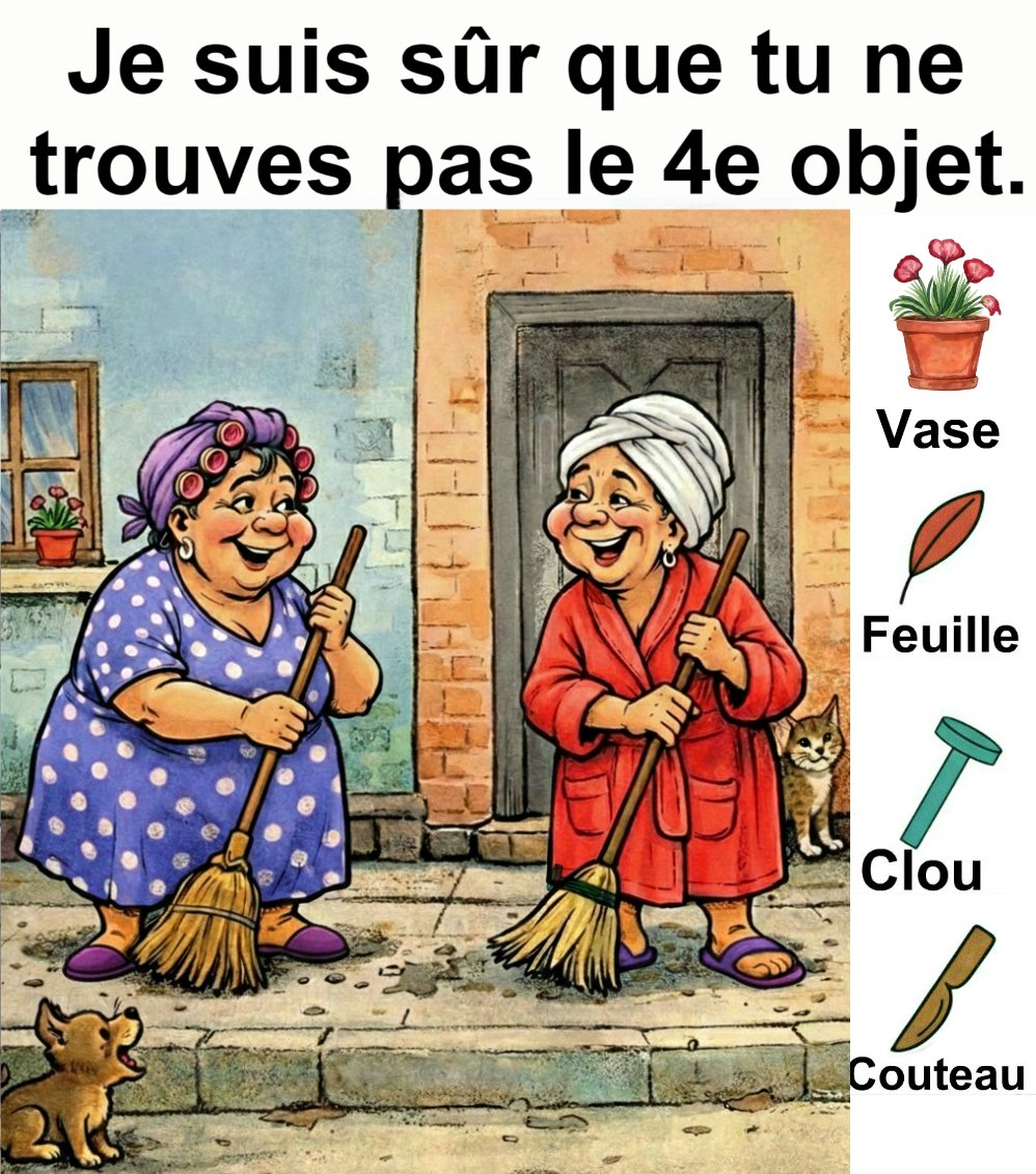 Trouvez vase, feuille, clou et couteau.