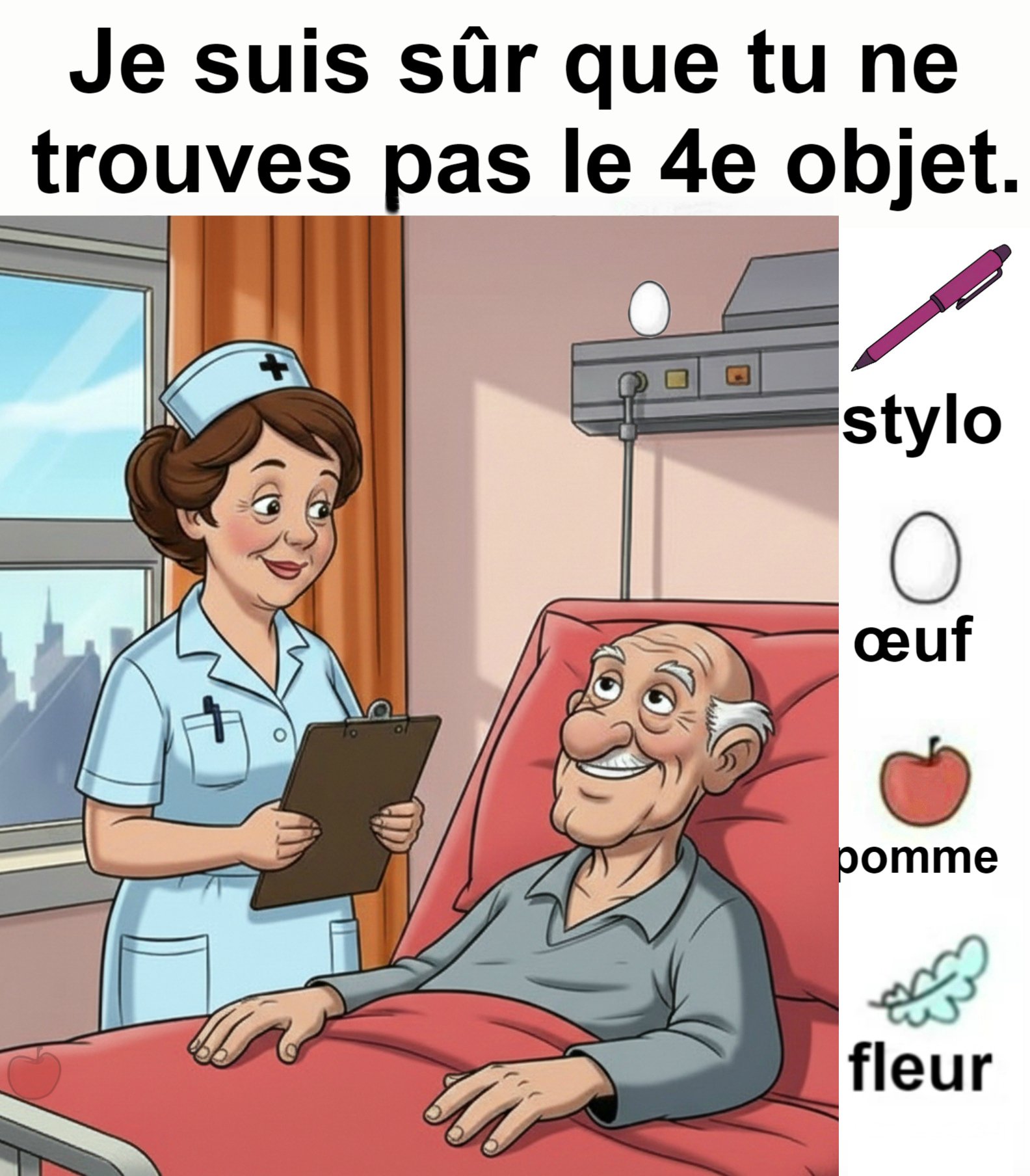 Trouvez la stylo, l’œuf, la pomme et la fleur.