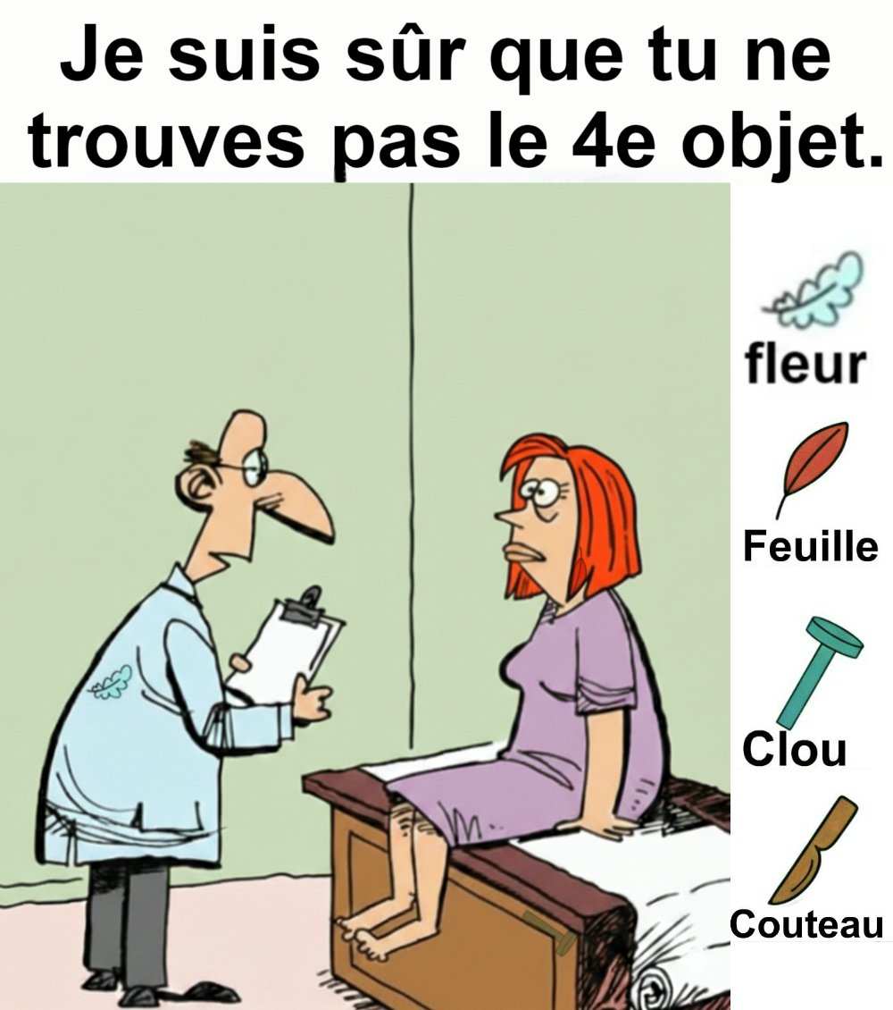 Trouvez fleur, feuille, clou et couteau.