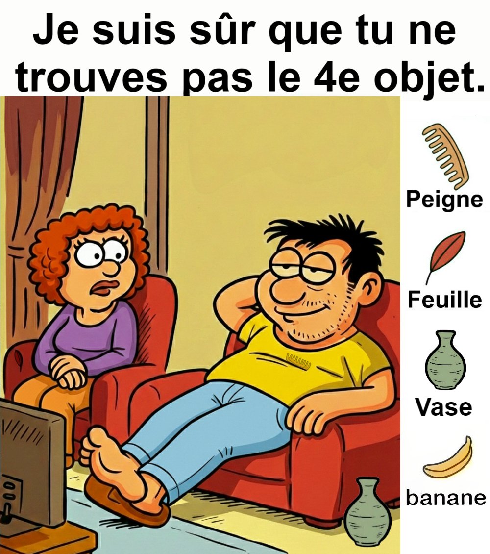 Trouvez peigne, feuille, vase et banane.