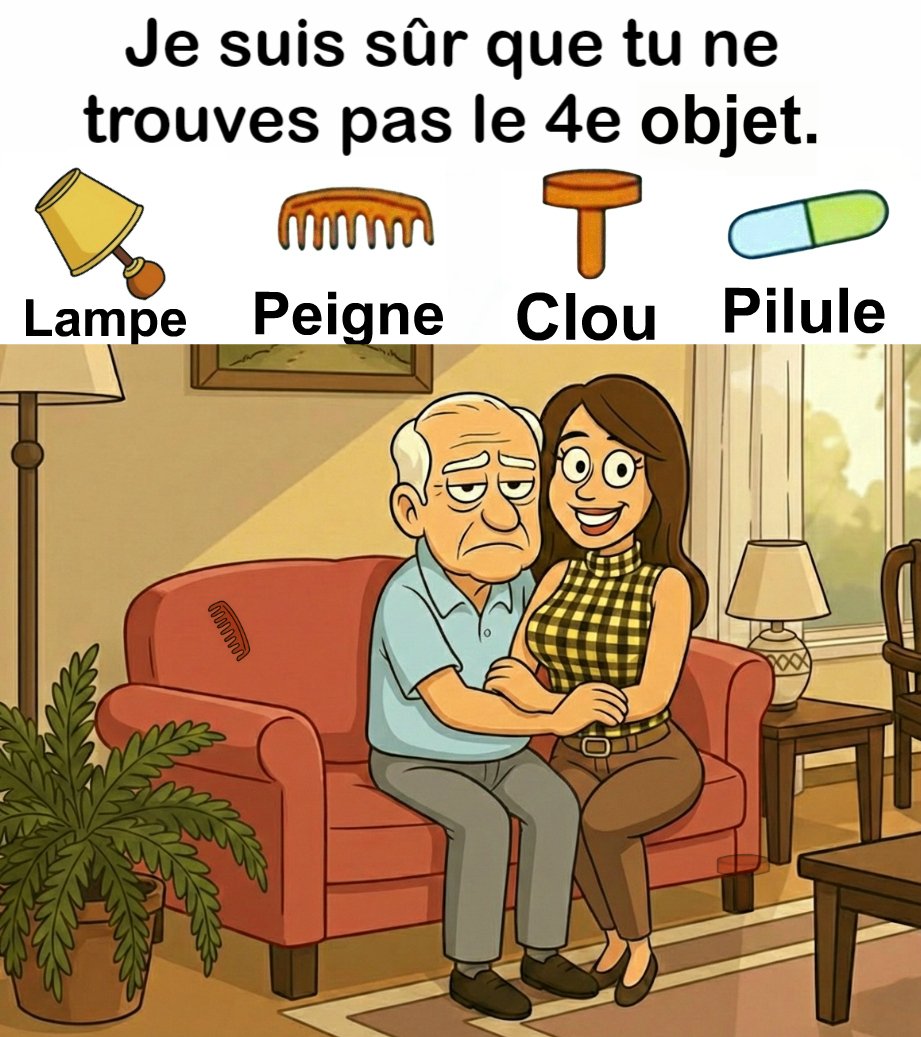 Trouvez Lampe, Peigne, Clou, Pilule.