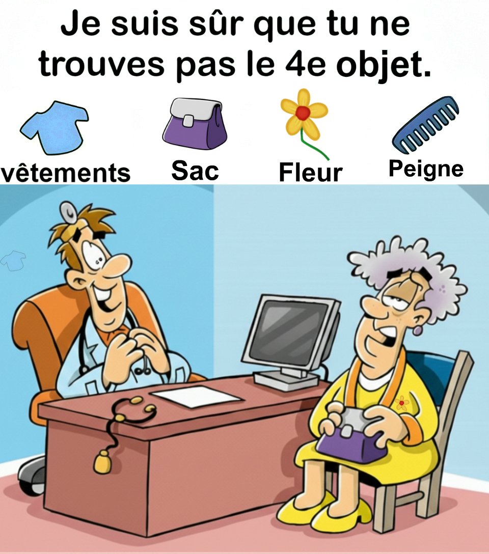 Trouvez vêtements, sac, fleur, peigne.