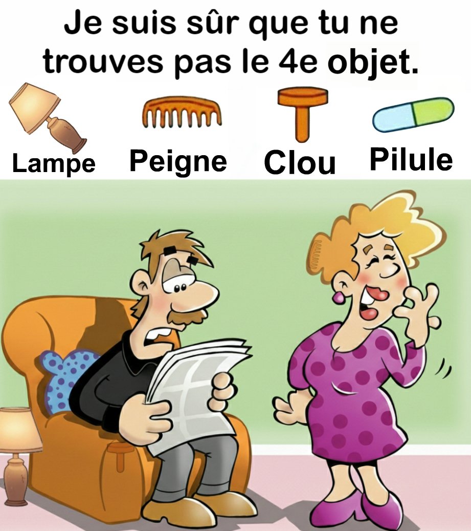 Trouvez Lampe, Peigne, Clou, Pilule.