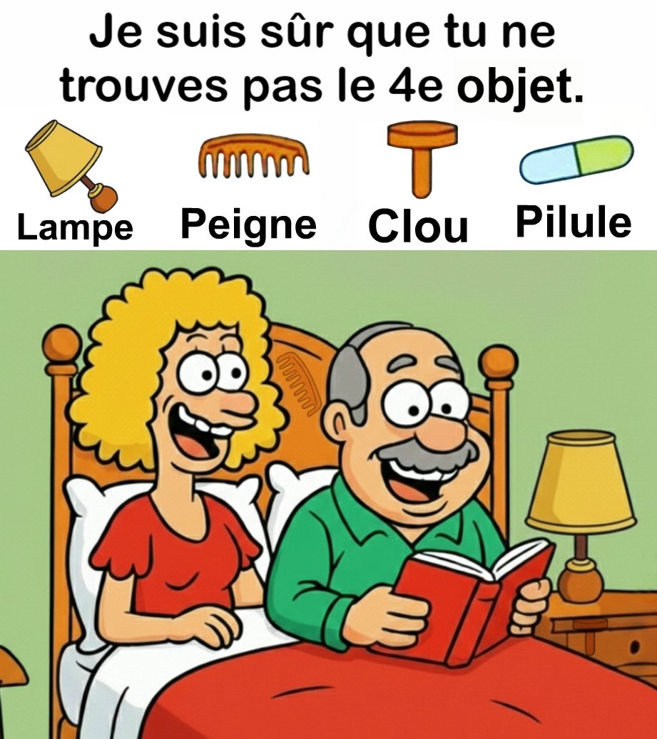 Trouvez Lampe, Peigne, Clou, Pilule.