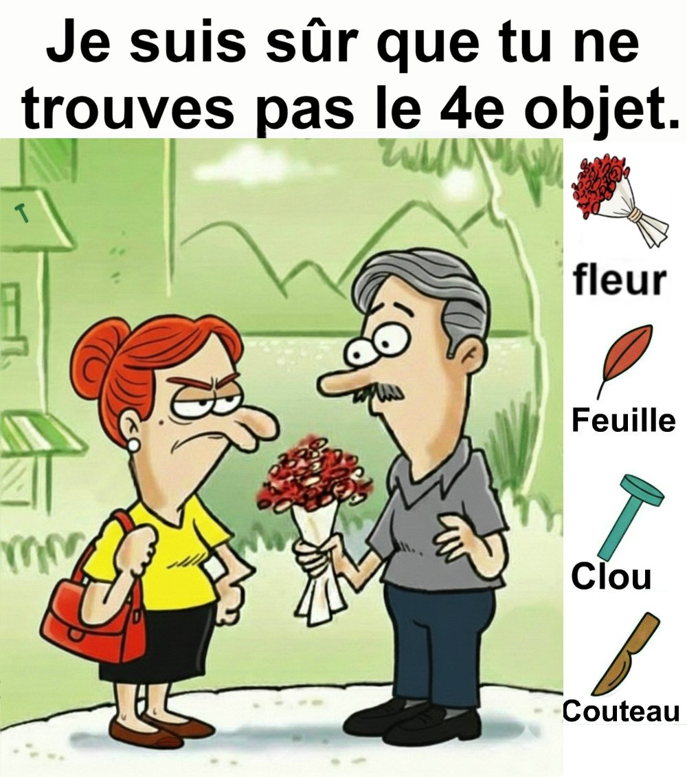 Trouvez fleur, feuille, clou et couteau.