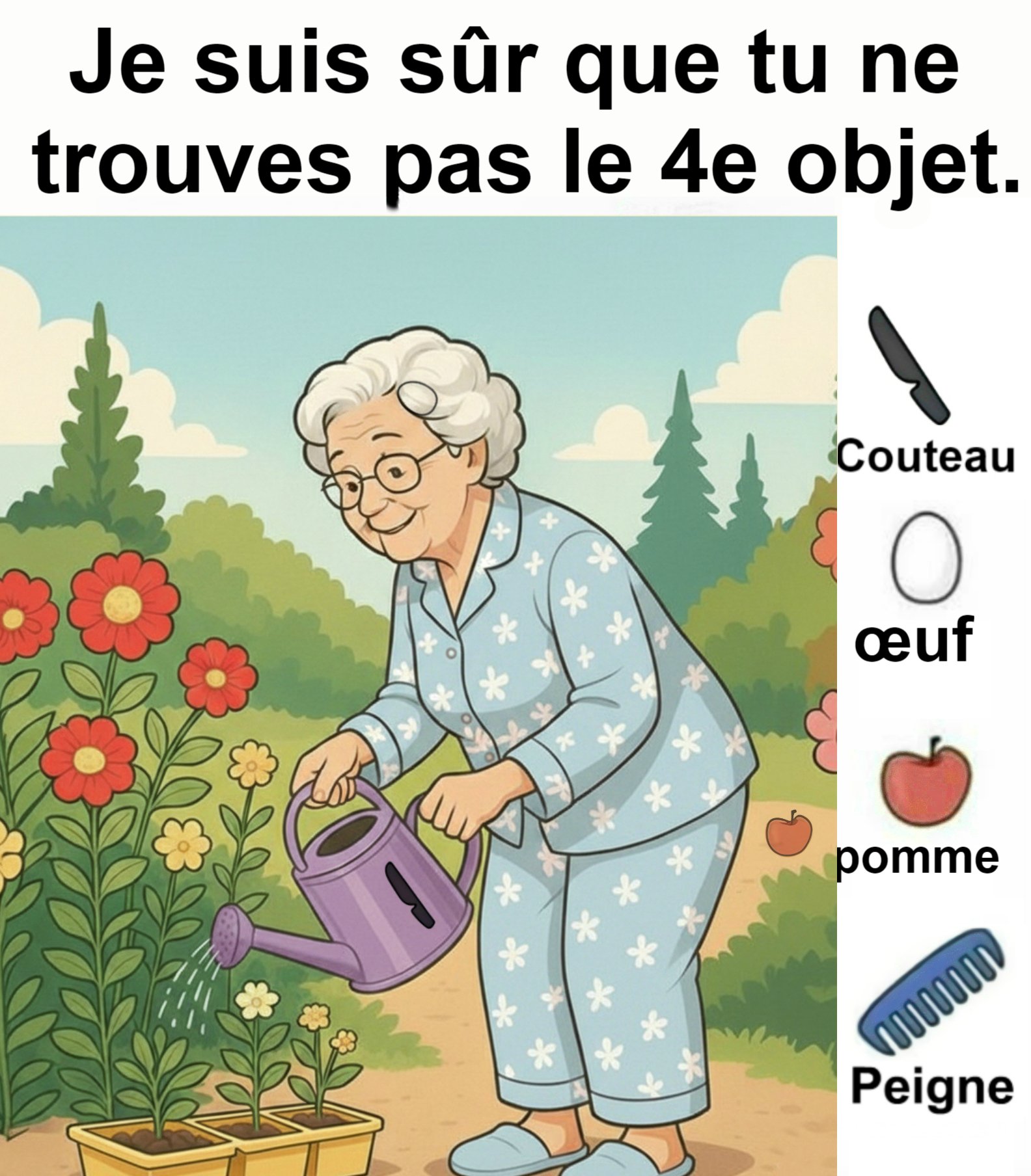 Trouvez Couteau, Œuf, Pomme, Peigne.