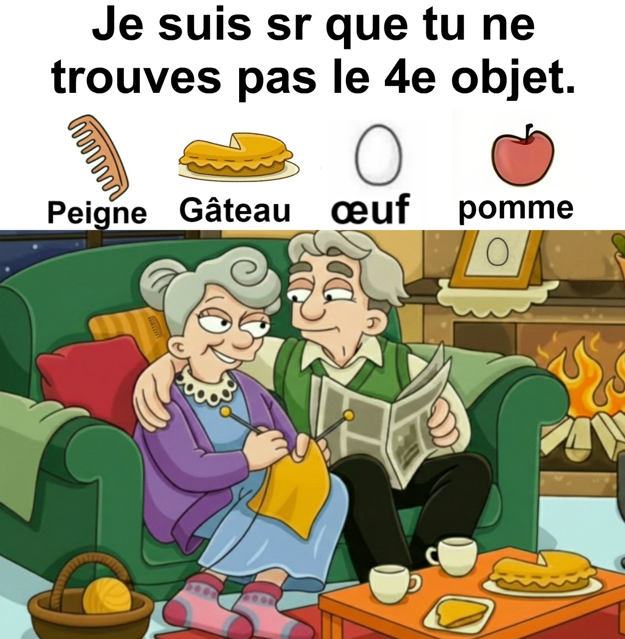 Trouvez peigne, gâteau, œuf et pomme.