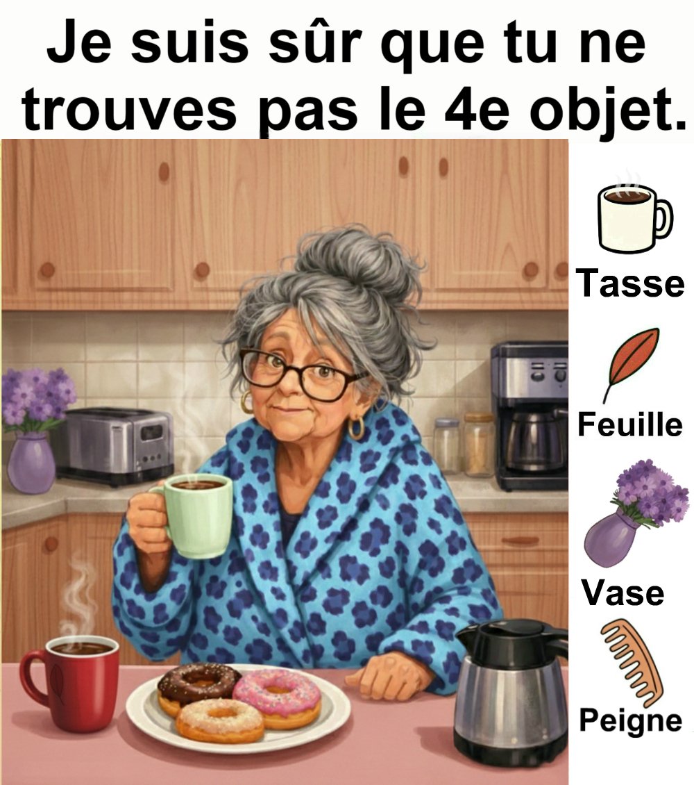 Trouvez tasse, feuille, vase et peigne.
