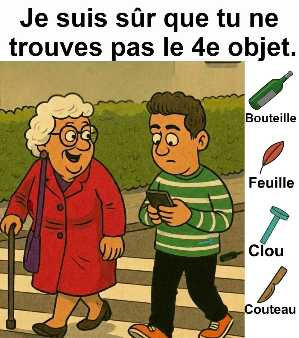 Trouvez bouteille, feuille, clou et couteau.