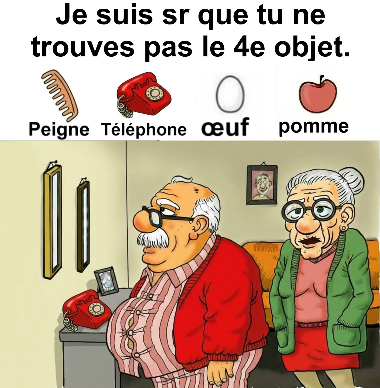 Trouvez peigne, téléphone, œuf et pomme.