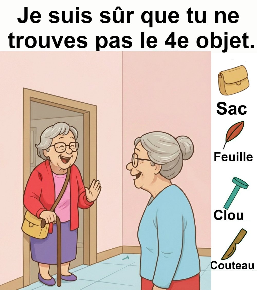 Trouvez sac, feuille, clou et couteau.
