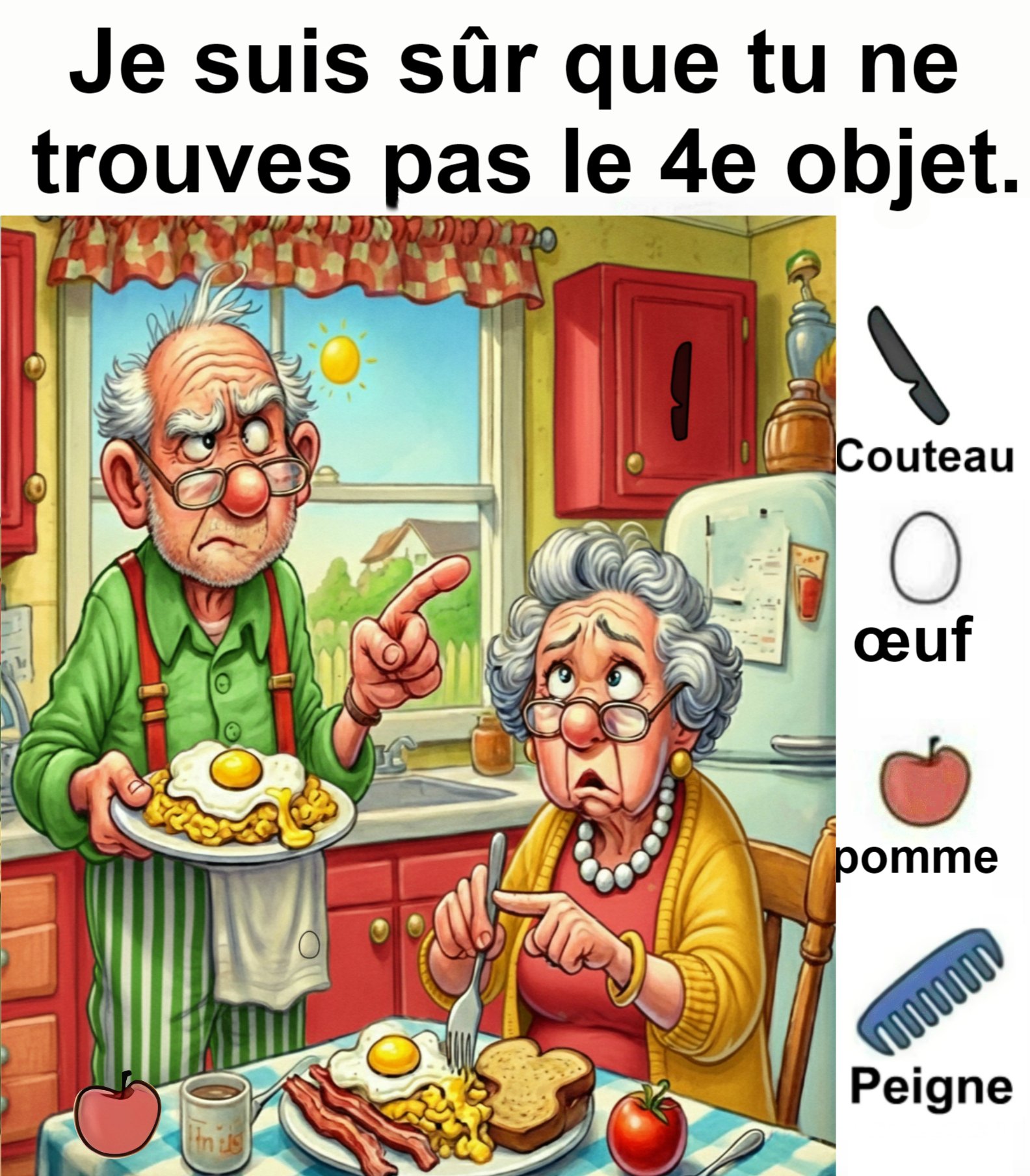 Trouvez Couteau, Œuf, Pomme, Peigne.