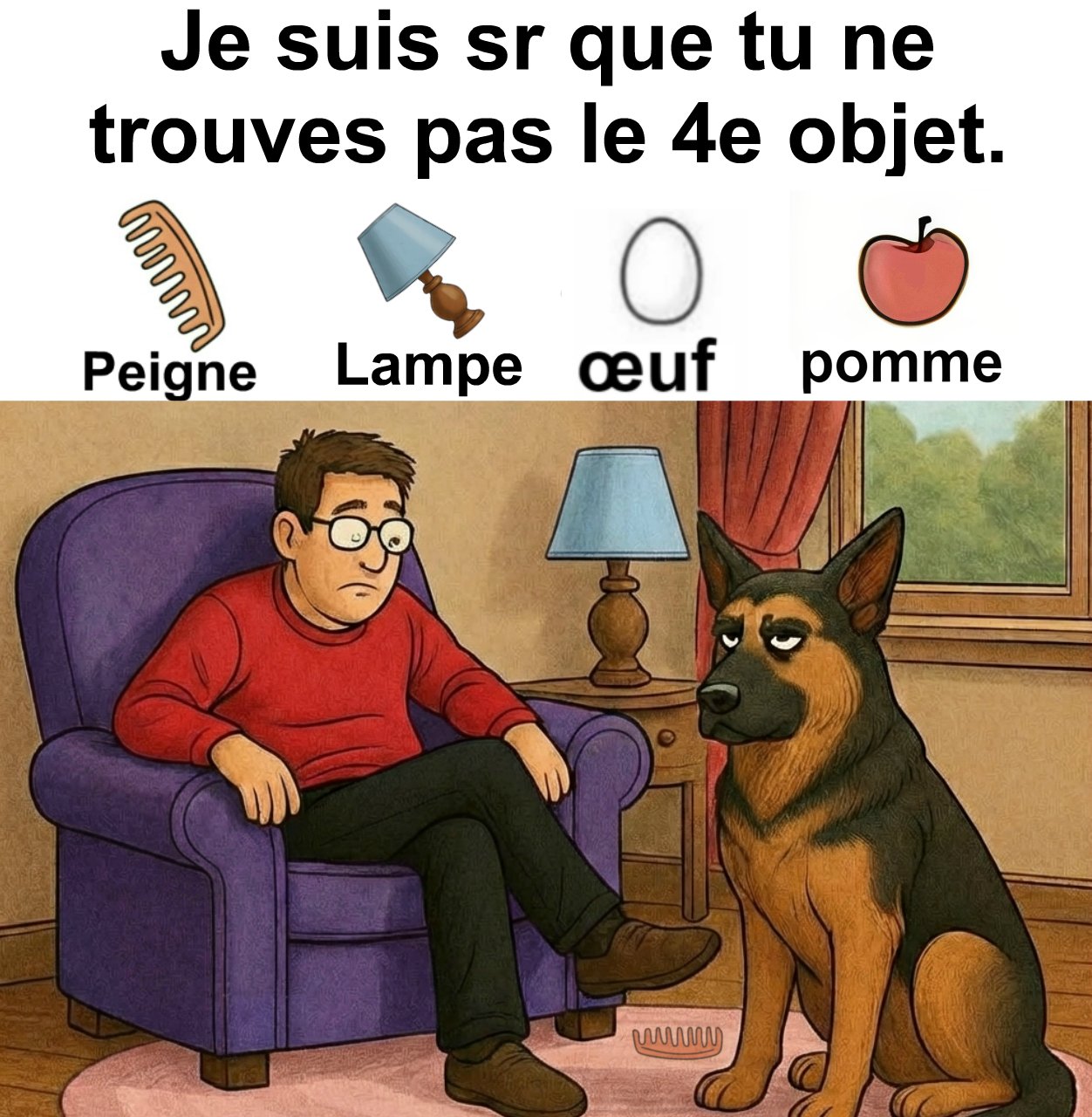 Trouvez peigne, lampe, œuf et pomme.