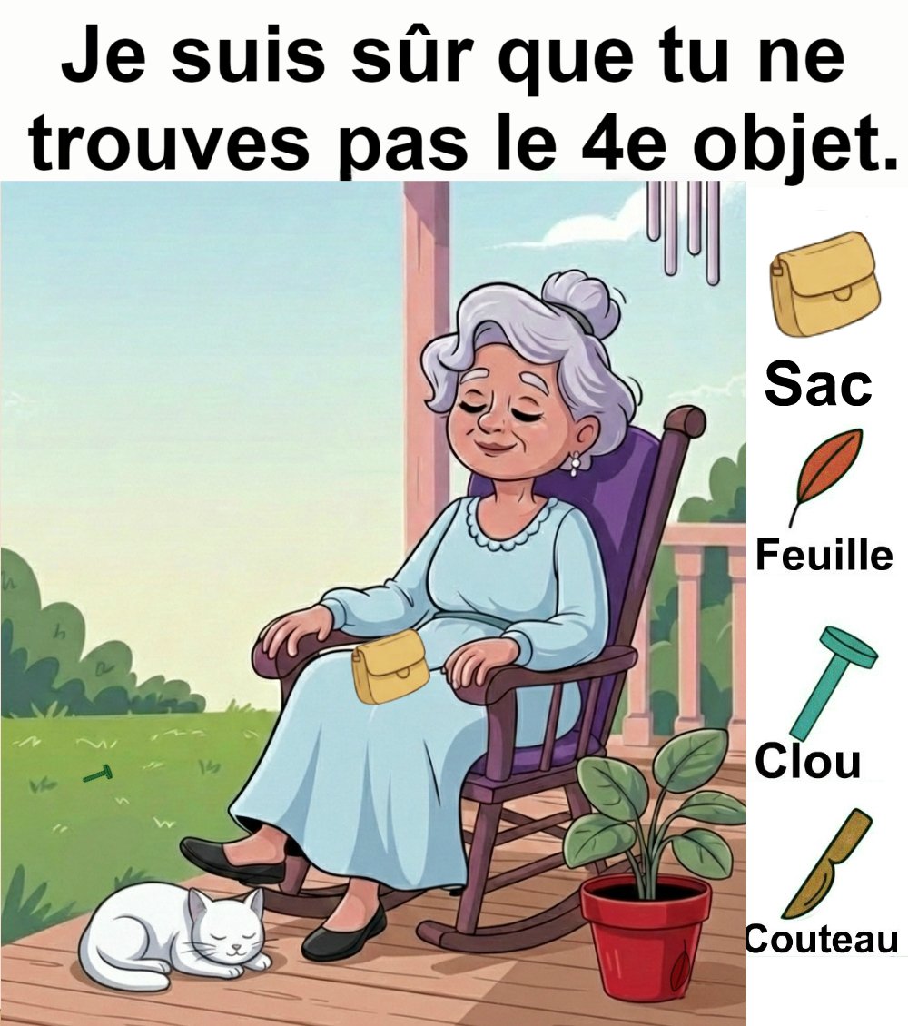 Trouvez sac, feuille, clou et couteau.