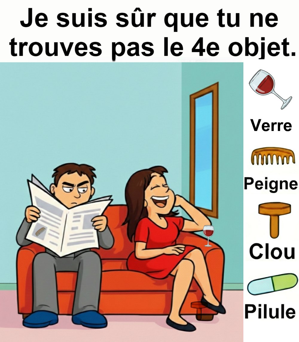 Trouvez Verre, Peigne, Clou, Pilule.