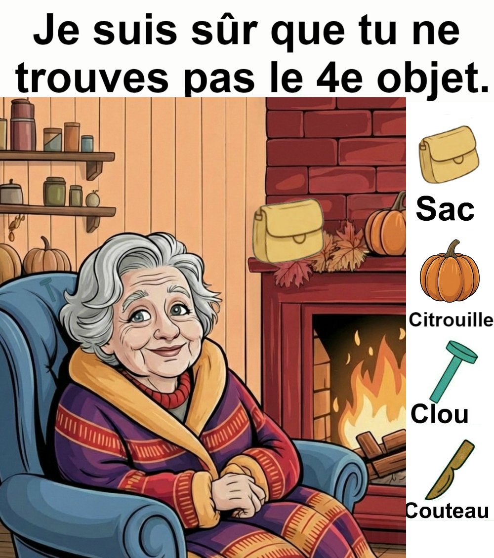 Trouvez sac, citrouille, clou et couteau.