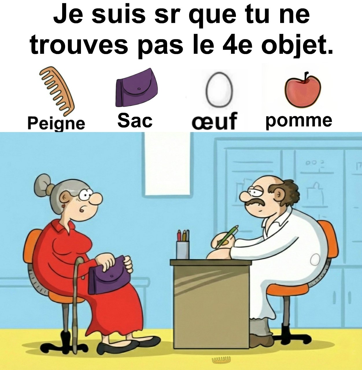Trouvez peigne, sac, œuf et pomme.