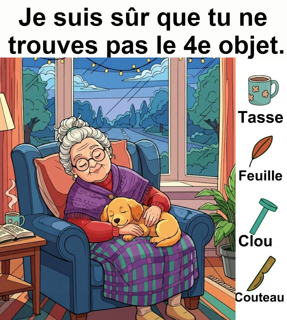 Trouvez tasse, feuille, clou et couteau.