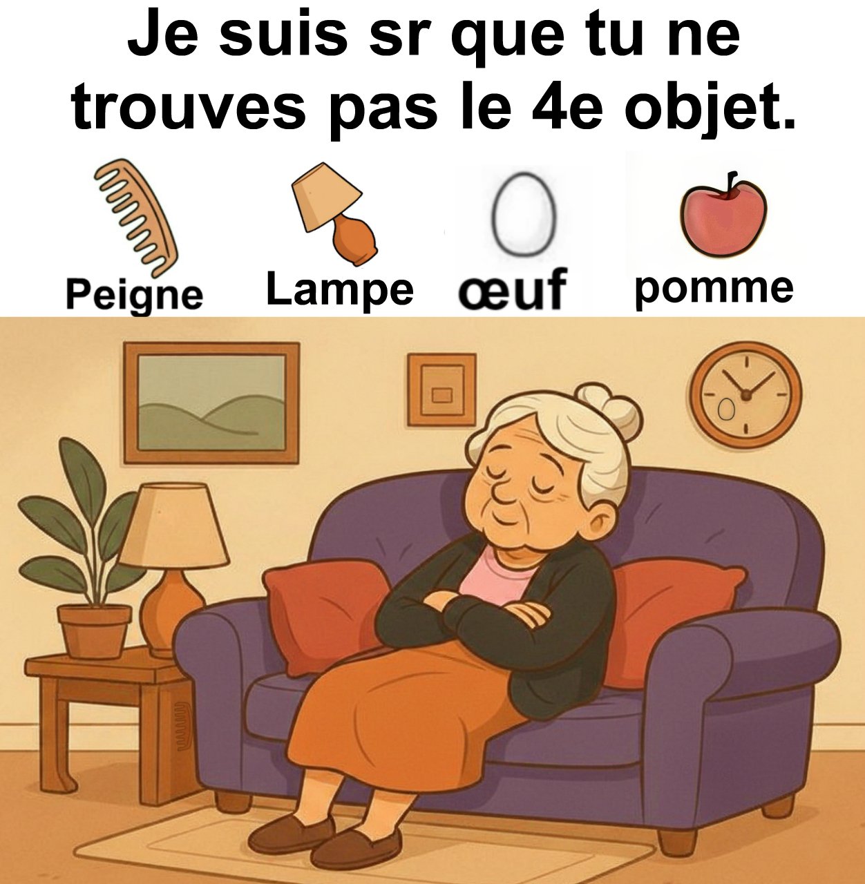 Trouvez peigne, lampe, œuf et pomme.