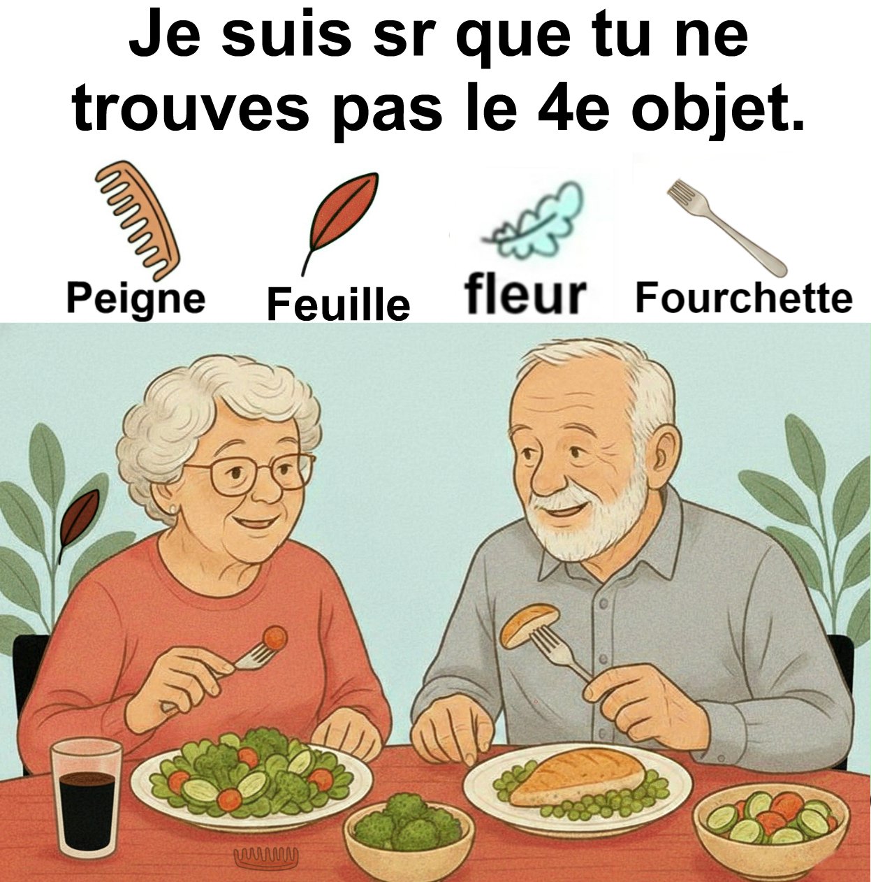 Trouvez peigne, feuille, fleur et fourchette.