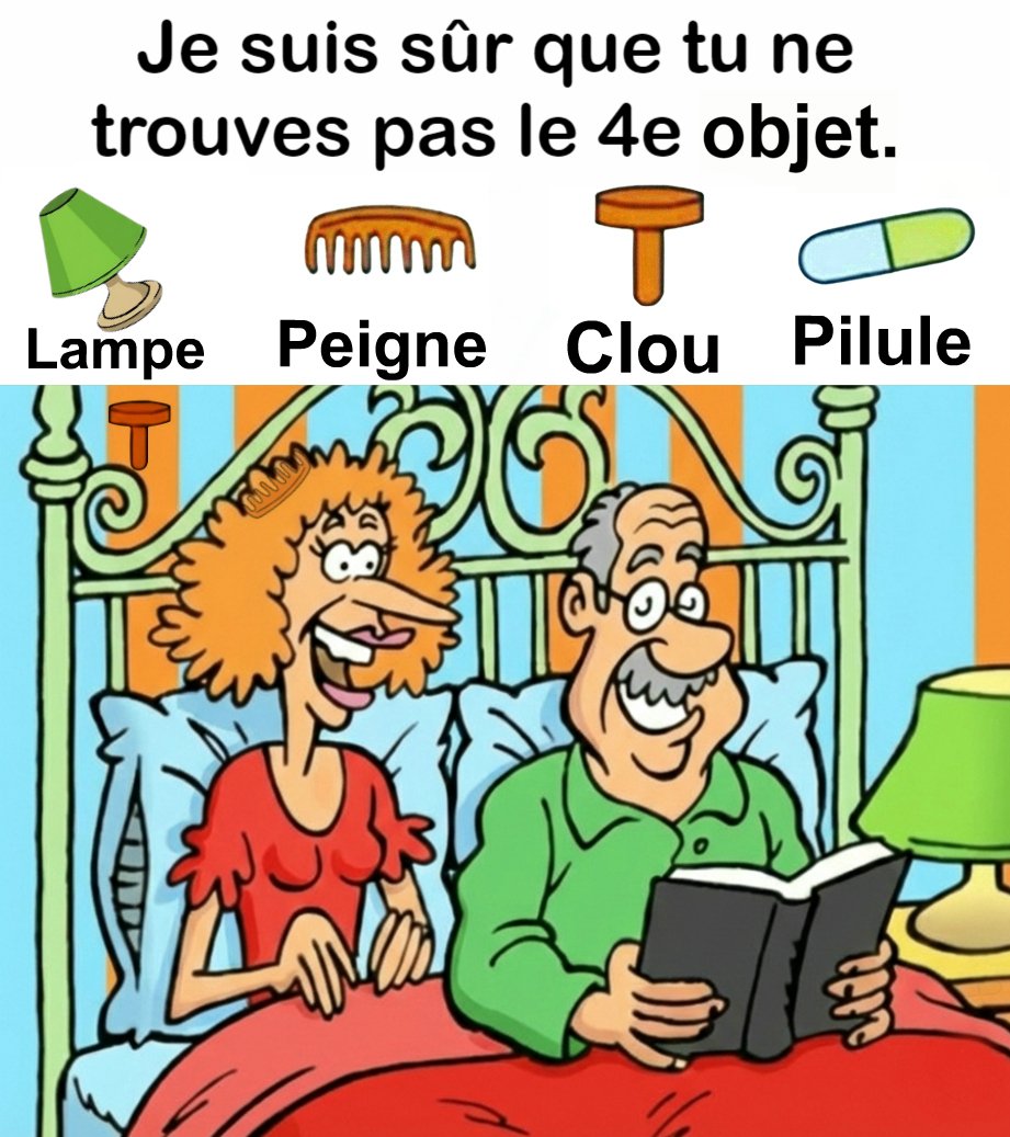 Trouvez Lampe, Peigne, Clou, Pilule.
