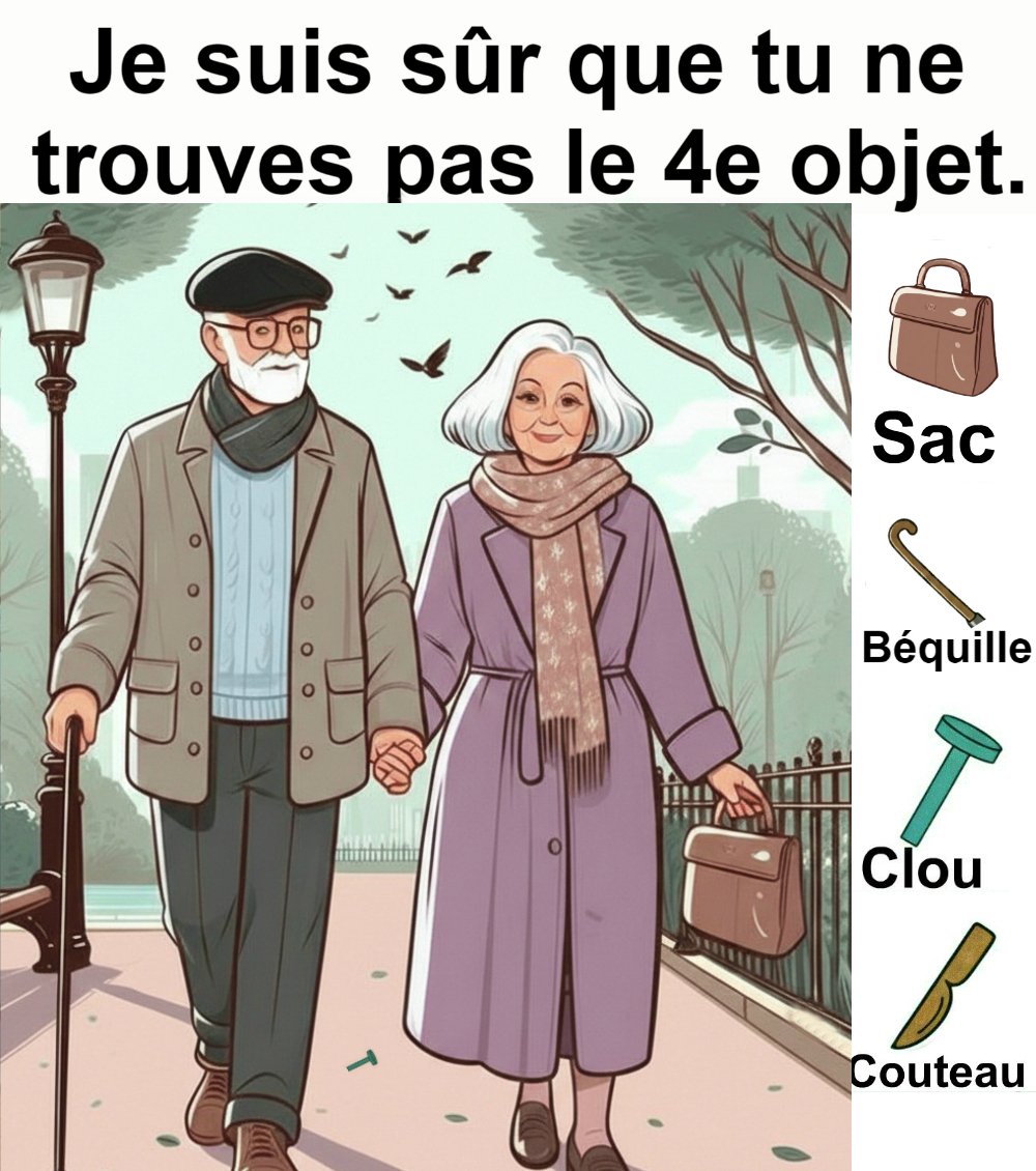 Trouvez sac, béquille, clou et couteau.