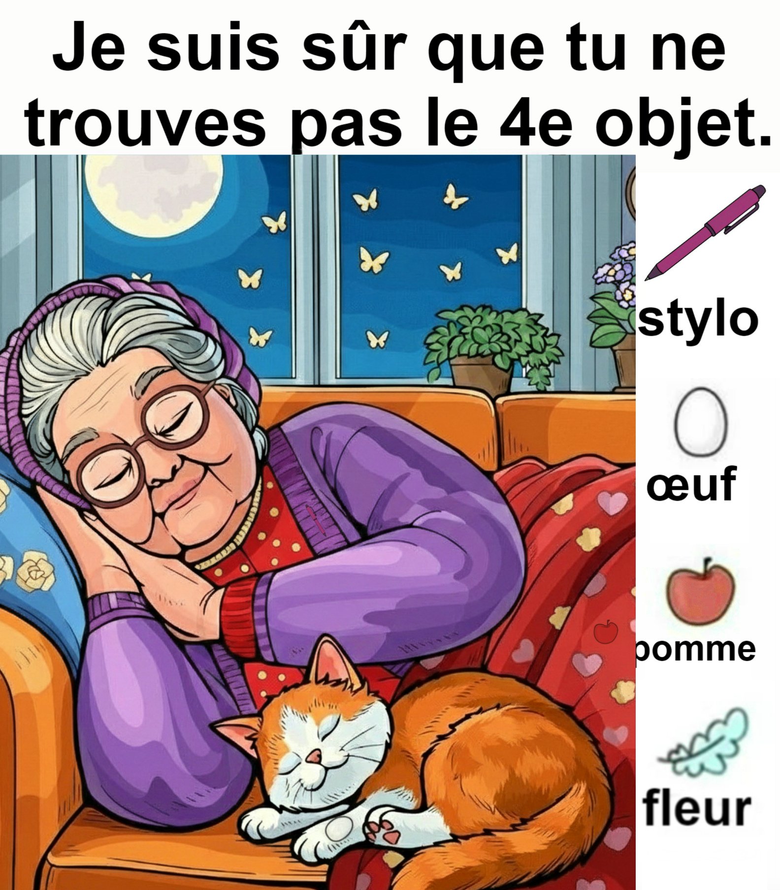 Trouvez la stylo, l’œuf, la pomme et la fleur.